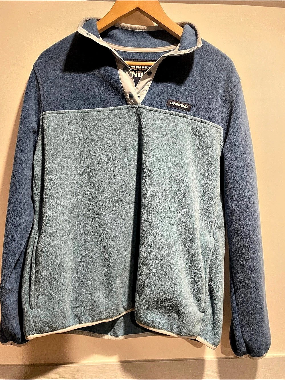 Lands' End Color Block Fleece Pullover Blue & Green L gorpcore